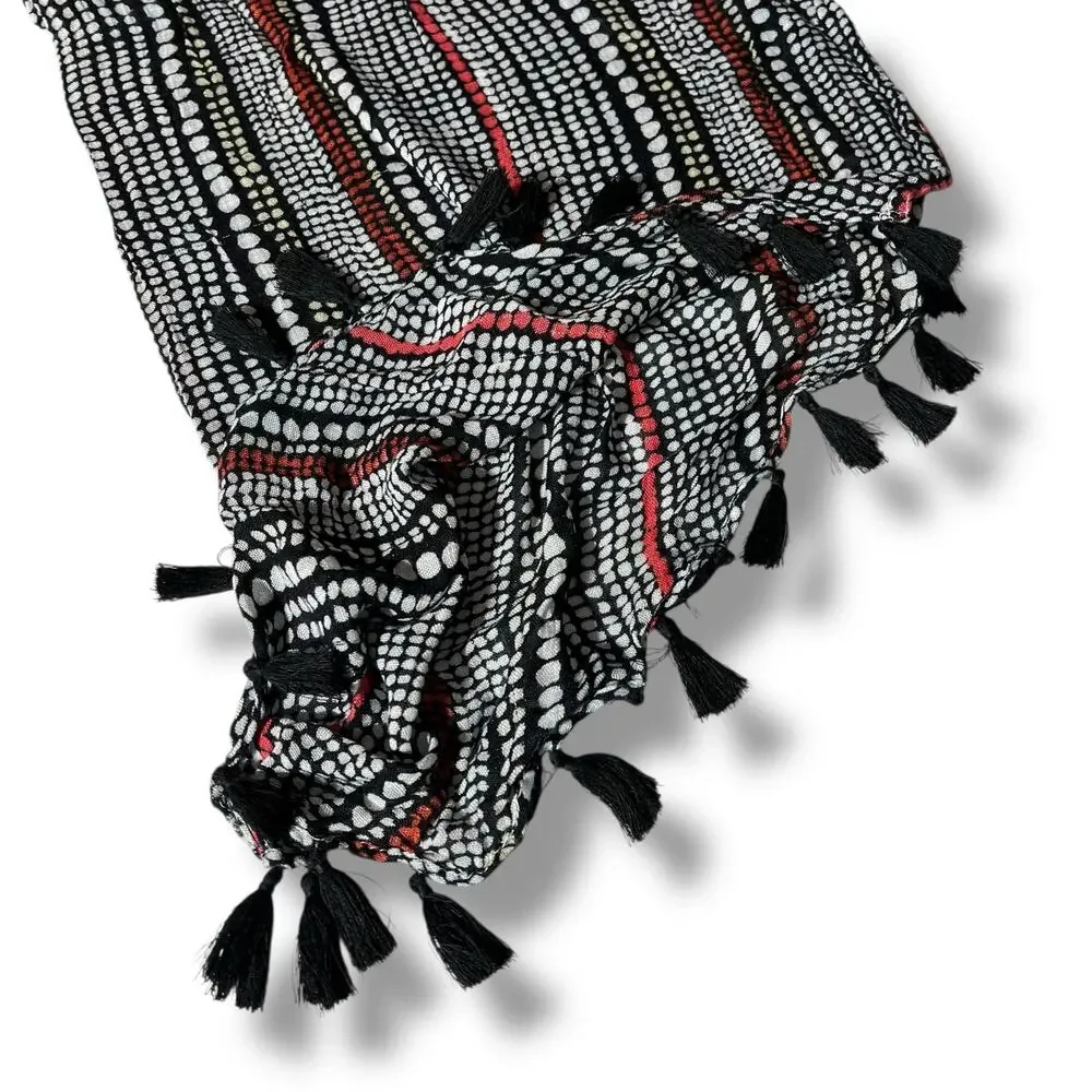 Womens Infinity Scarf with Tassels Black White Red Lightweight and Soft